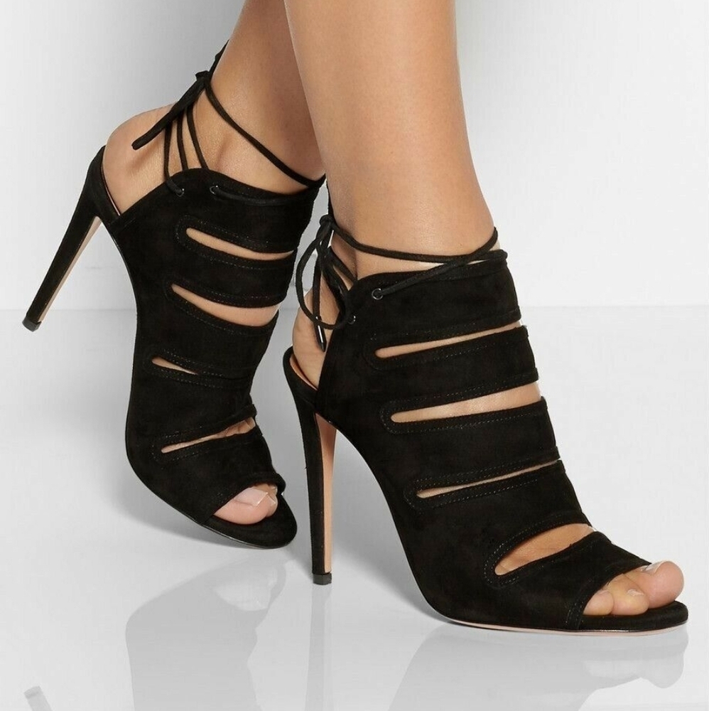 Aquazzura Sloane Black Suede Cutout Cage Heels Sandals 7.5